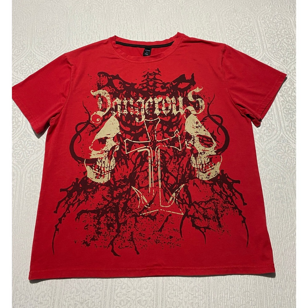ROMWE Mens‎ Large Red Dangerous Grunge Punk Skull Cross Graphic T-Shirt Edgy Tee